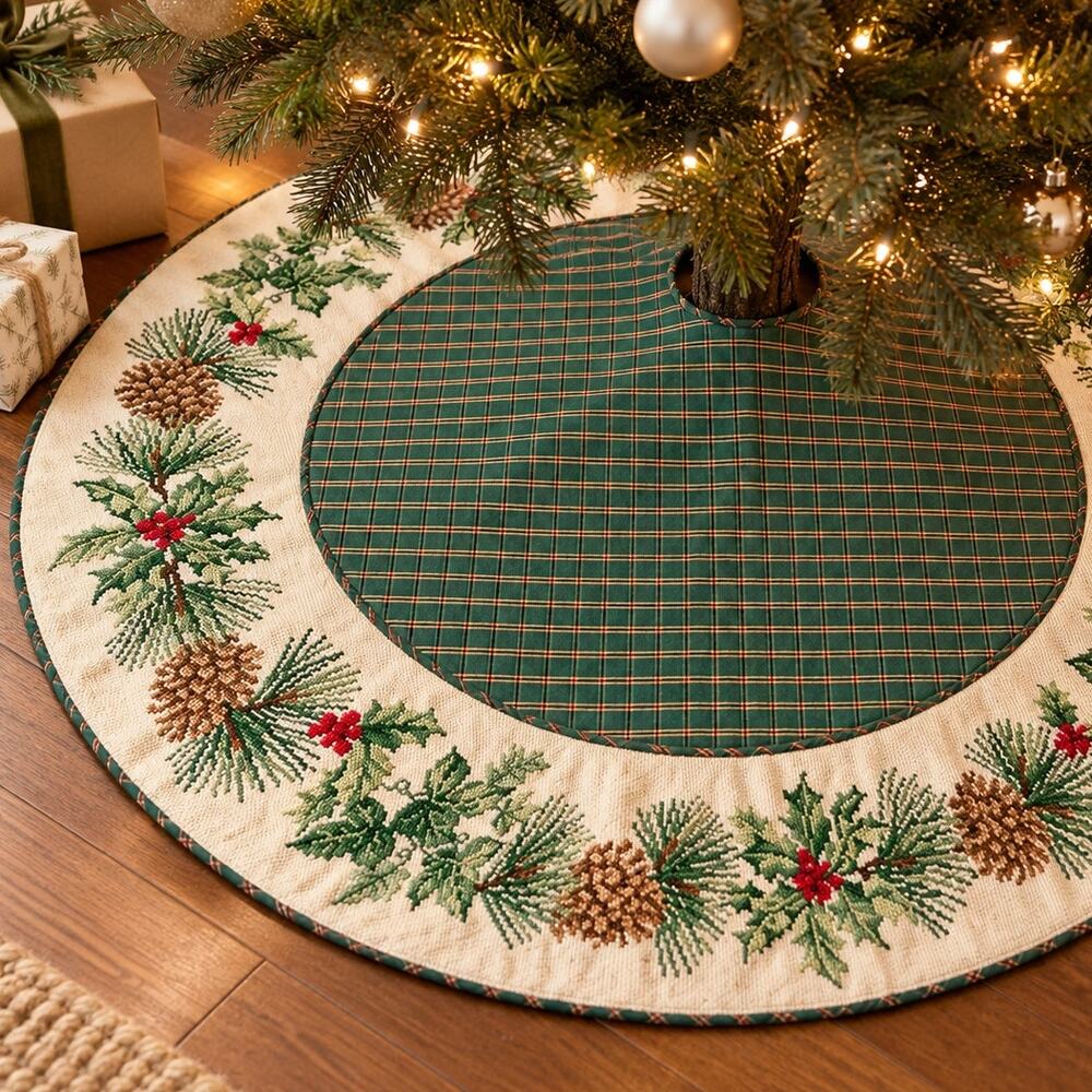 Handmade Needlepoint Christmas Tree Skirt 40in Pine Holly Pinecone Vintage Style